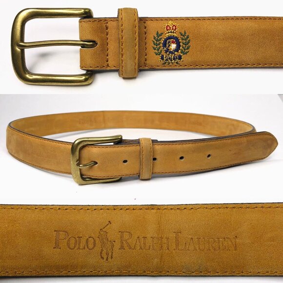 POLO Ralph Lauren Mens Suede Belt Size 36 Gold Brass Buckle Tan Embroidered Logo